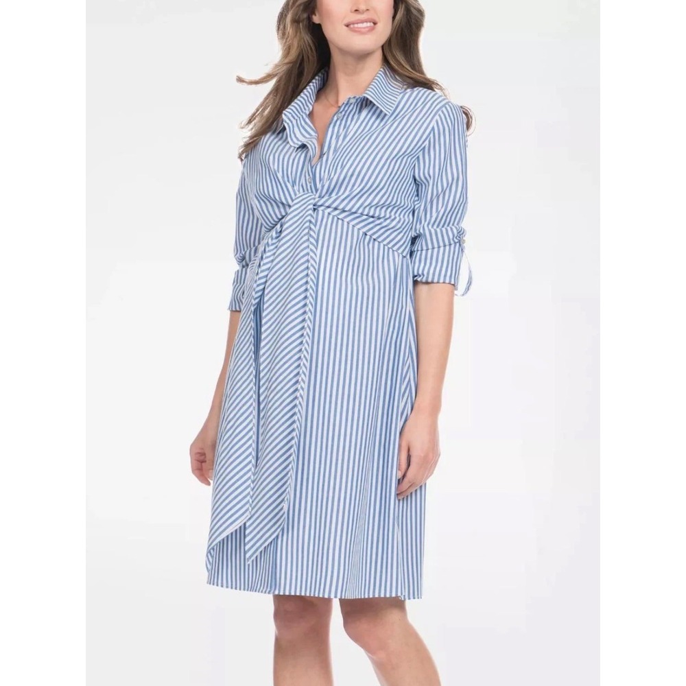 Seraphine Maternity Nursing Shirt Dress Blue White Stripe Tie Waist Size US 8